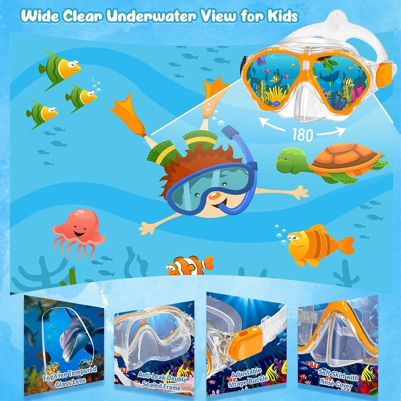 Seovediary Kids Snorkel Set, Mask Fins Snorkeling Gear for Kids Anti-Fog Swim Goggles 180 Panoramic View Dry Top Snorkel and Dive Flippers Combo with Travel Bag for Snorkeling Training Swimming Diving - Image 2